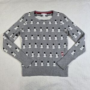 Wearing Your Heart On Your Sleeve Gray Snowman Pattern Wool Blend Sweater